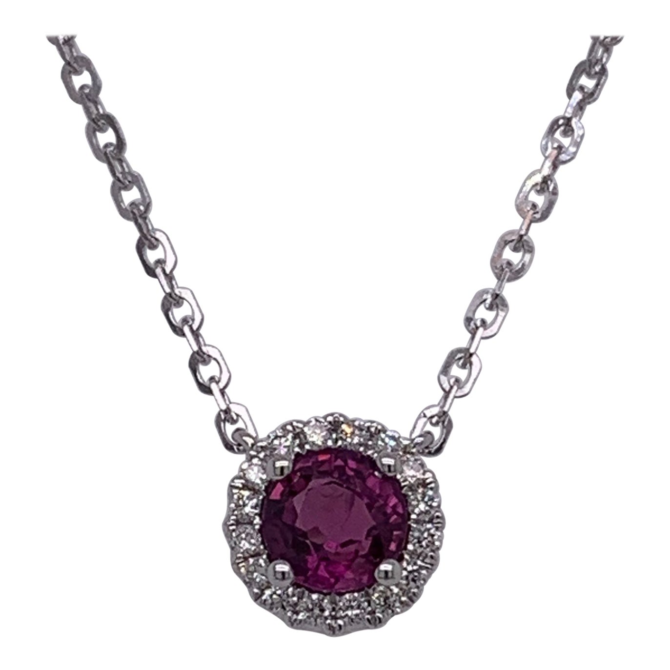 14 Karat White Gold Round Ruby & Diamond Necklace For Sale
