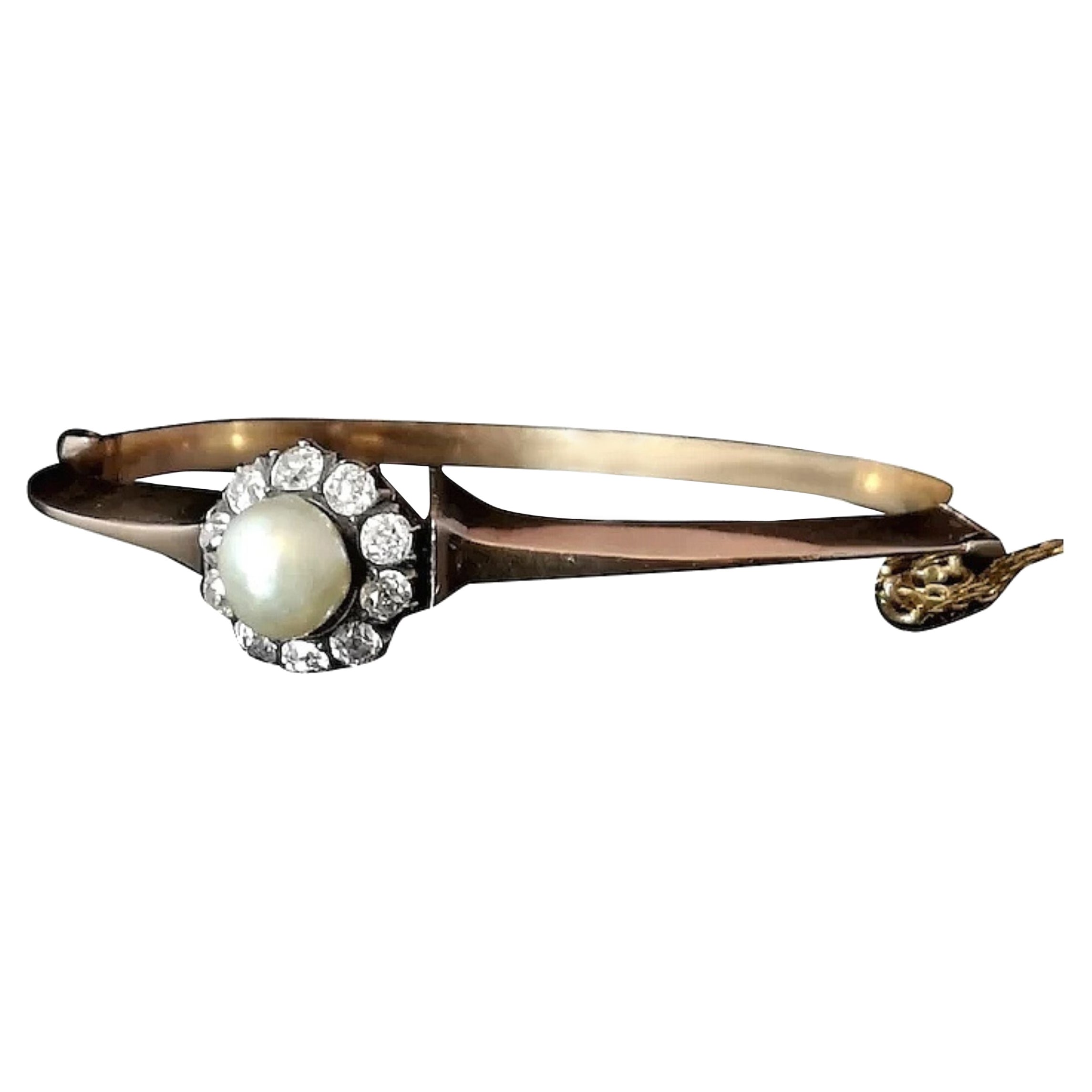 Victorian Diamond and Pearl Cluster Bangle, 18 Karat Rose Gold For Sale