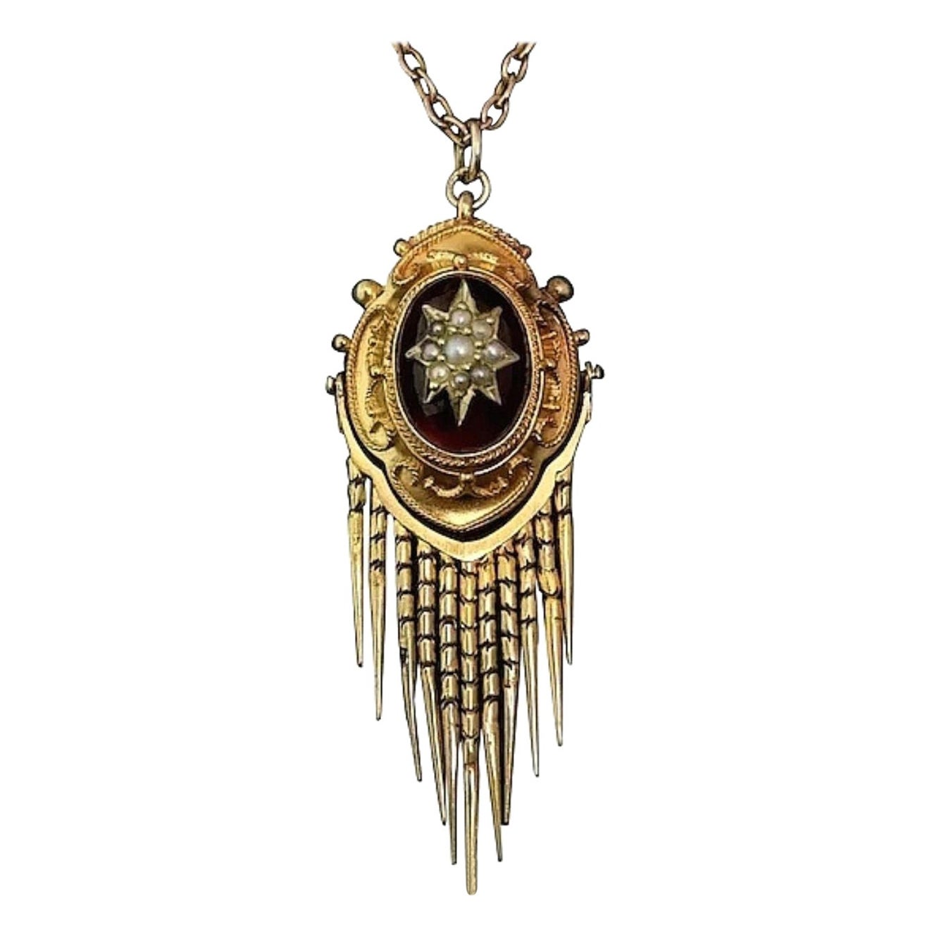 Victorian Garnet and Pearl Tassle Pendant, Necklace, 18 Karat Yellow Gold