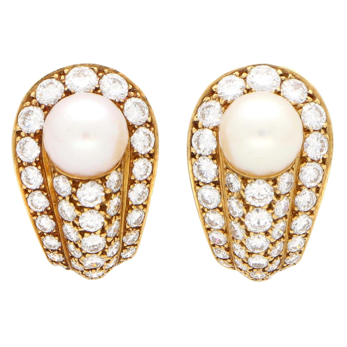 Vintage Cartier Pearl and Diamond Earrings Set in 18 Karat Yellow Gold
