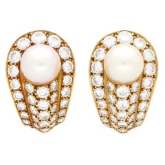 Vintage Cartier Pearl and Diamond Earrings Set in 18 Karat Yellow Gold