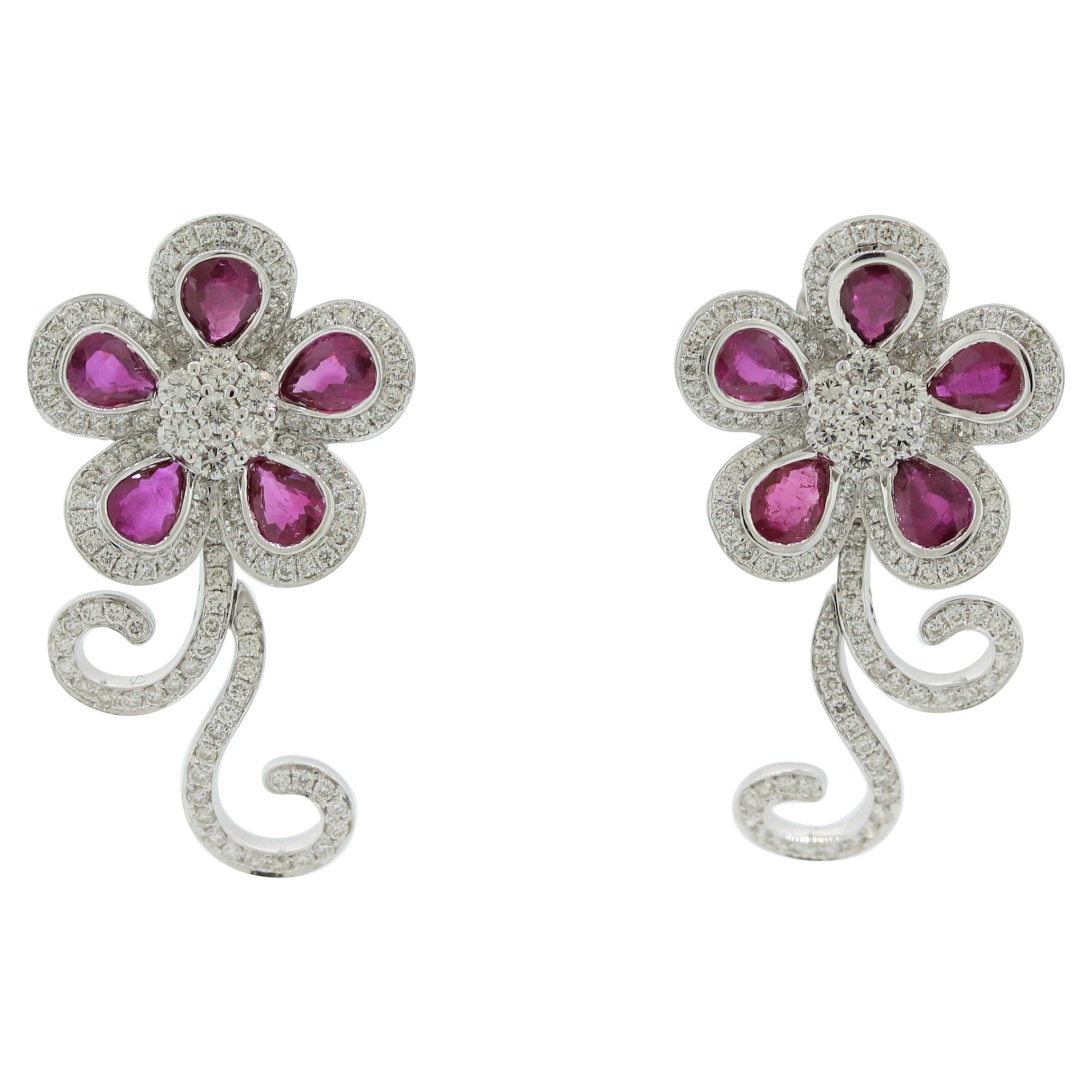 Diamond Ruby Gold Floral Earrings For Sale