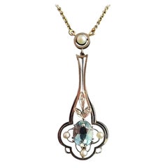 Antique Art Deco Aquamarine, Diamond, Pearl Drop Necklace, 15 Karat Yellow Gold Platinum
