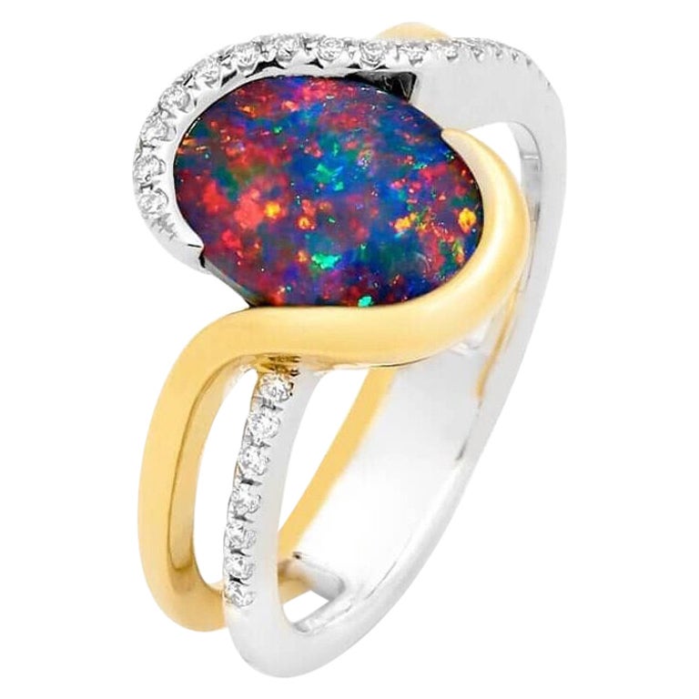 Australian 2.00ct Black Opal Ring in 18k White and Yellow Gold