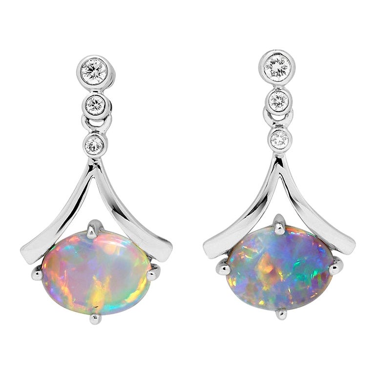 Natural Australian 2.72ct Light Opal Earrings in 18K White Gold with Diamonds