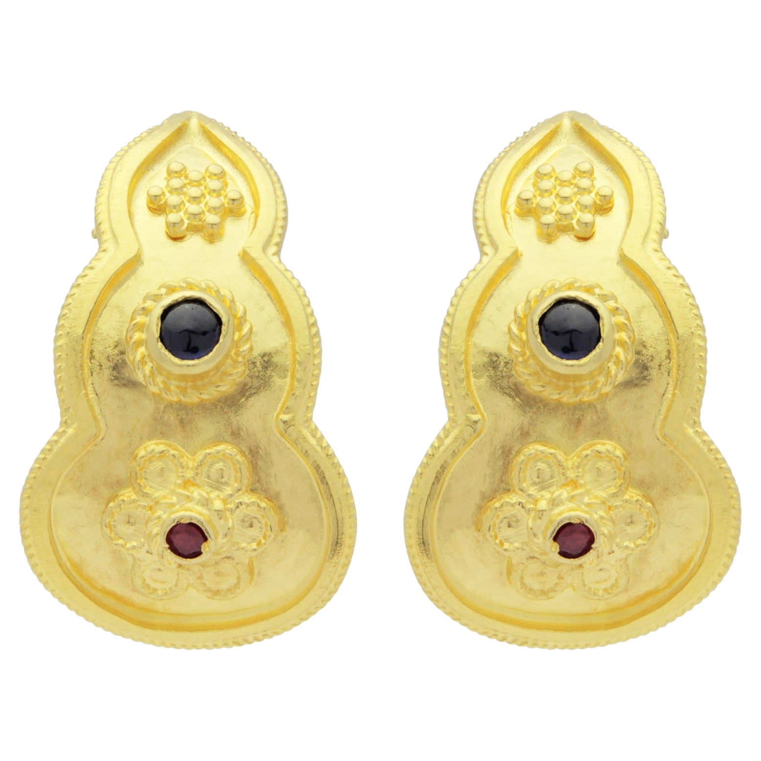 Etruscan Revival, 18 Karat Gold, Ruby & Sapphire Ear Clips