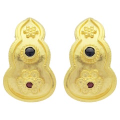 Etruscan Revival, 18 Karat Gold, Ruby & Sapphire Ear Clips