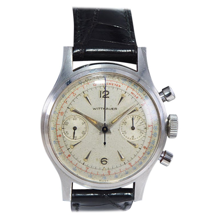 Wittnauer Stainless Steel Art Deco Style Register Chronograph, Circa 1940's-50's For Sale