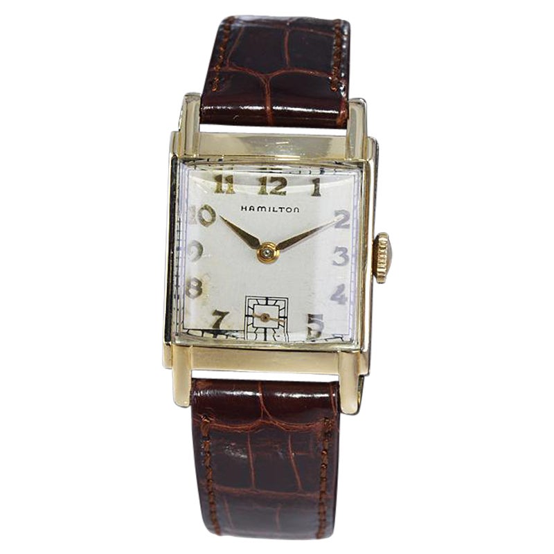 Hamilton Yellow Gold Filled Art Deco Tank Watch with Original Dial Early 40's For Sale