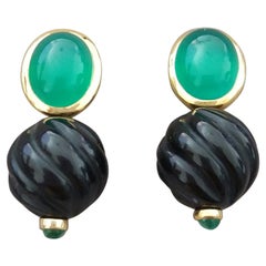 Green Onyx 14 K Gold Black Onyx Emerald Cabs Carved Round Beads Stud Earrings