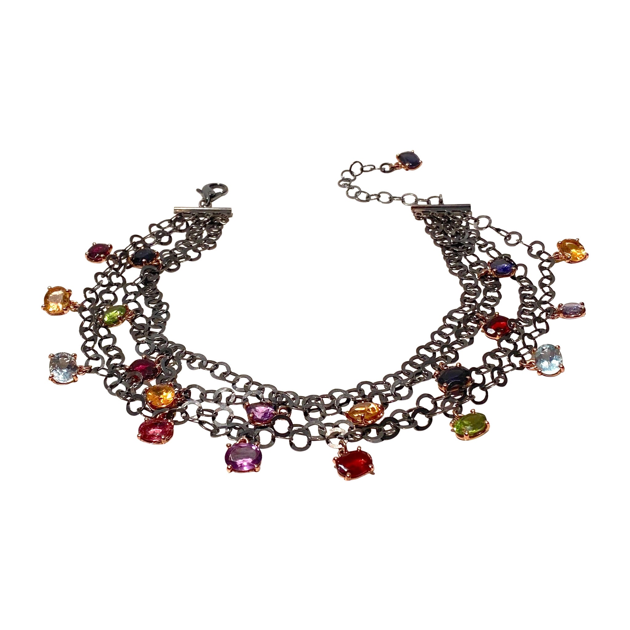 mehrreihige Halsketten Roségold Silber Glieder farbenfrohe Chocker Halskette im Angebot