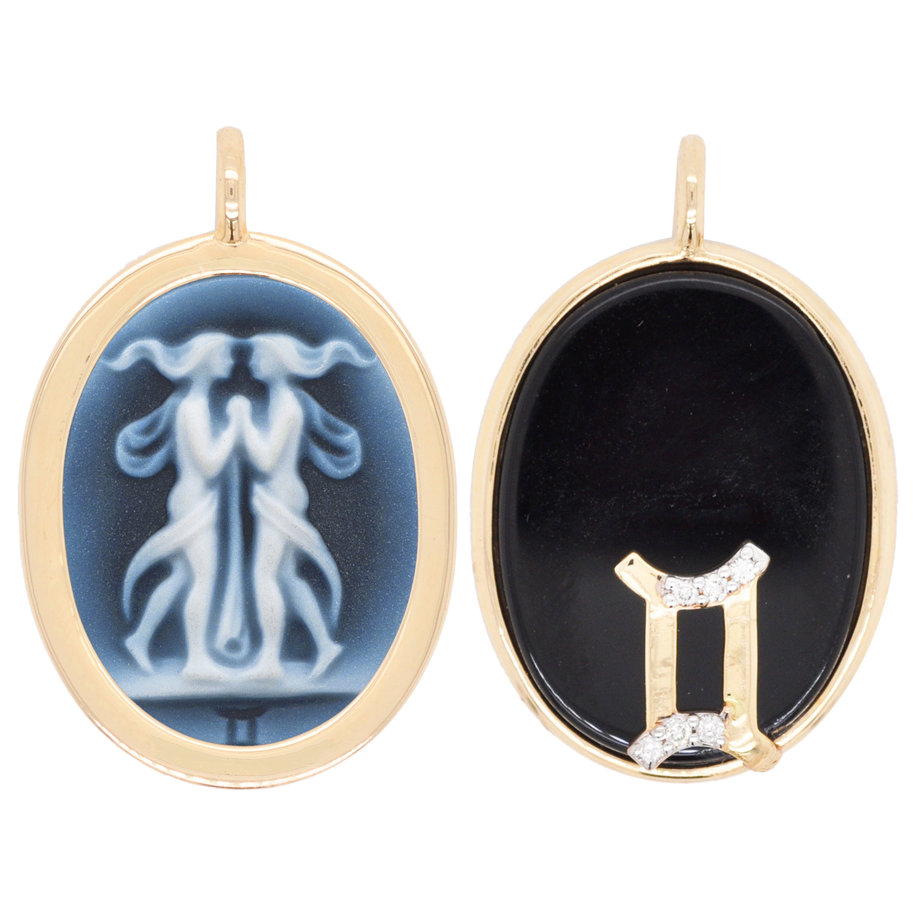 Reversible Gemini Carving Cameo Zodiac Diamond 14 Karat Gold Pendant Necklace For Sale