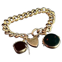 Antique 9 Karat Yellow Gold Curb Bracelet, Bloodstone Seal Fobs, Edwardian