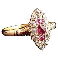 Antique Victorian Ruby and Diamond Navette Ring, 18 Karat Yellow Gold