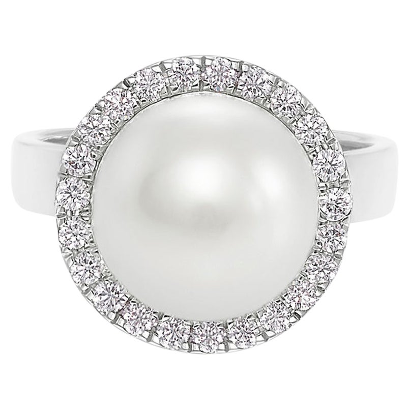South Sea Round White Pearl And Round Diamond Engagement Ring in 18K White Gold