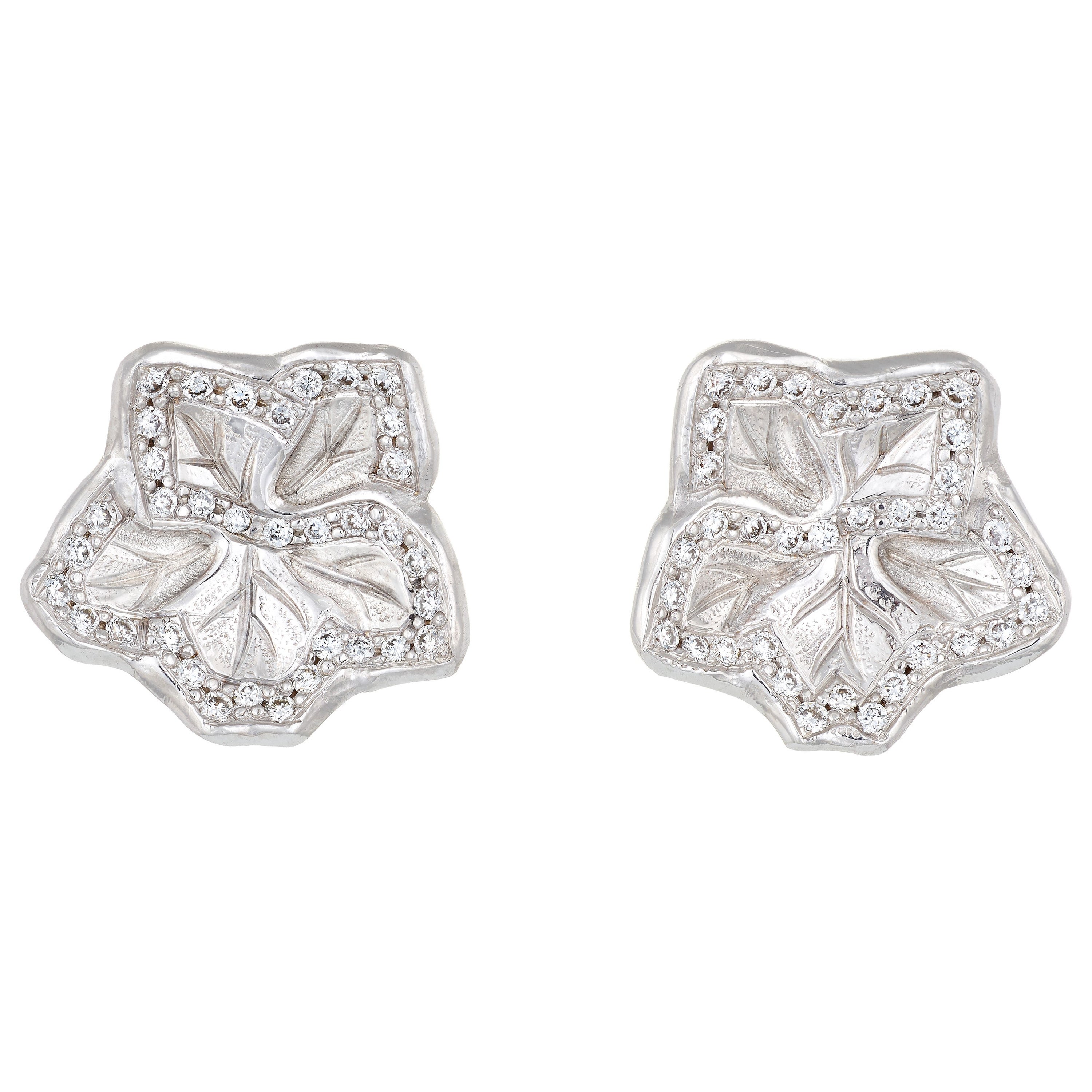 Hand Chiseled White Gold and Diamond Contemporary Stud Earrings