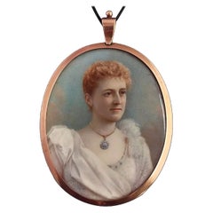 Antique Victorian Portrait Miniature Pendant, Locket, Hairwork, 9 Karat Yellow Gold