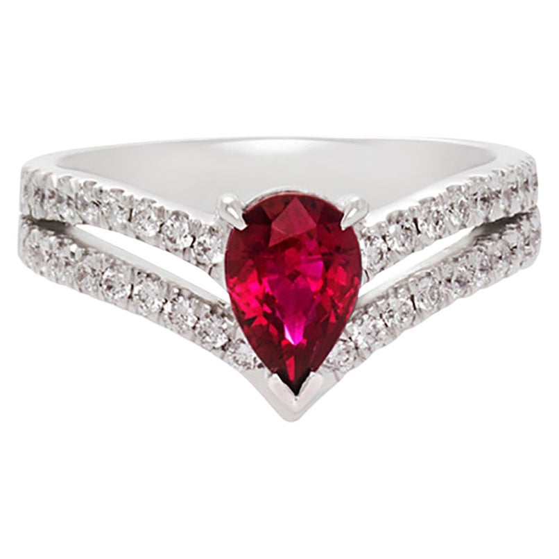 For Sale:  Natural Pear Shape Pigeon Blood Ruby and Diamond Engagement Ring 18K White Gold