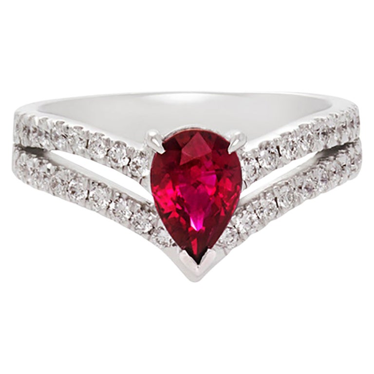 Blood Ruby and Diamond Engagement Ring 18K White Gold
