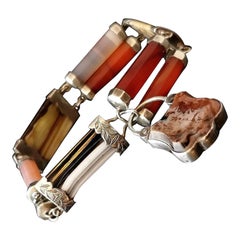 Bracelet victorien ancien en agate écossaise et argent, fermoir à cadenas