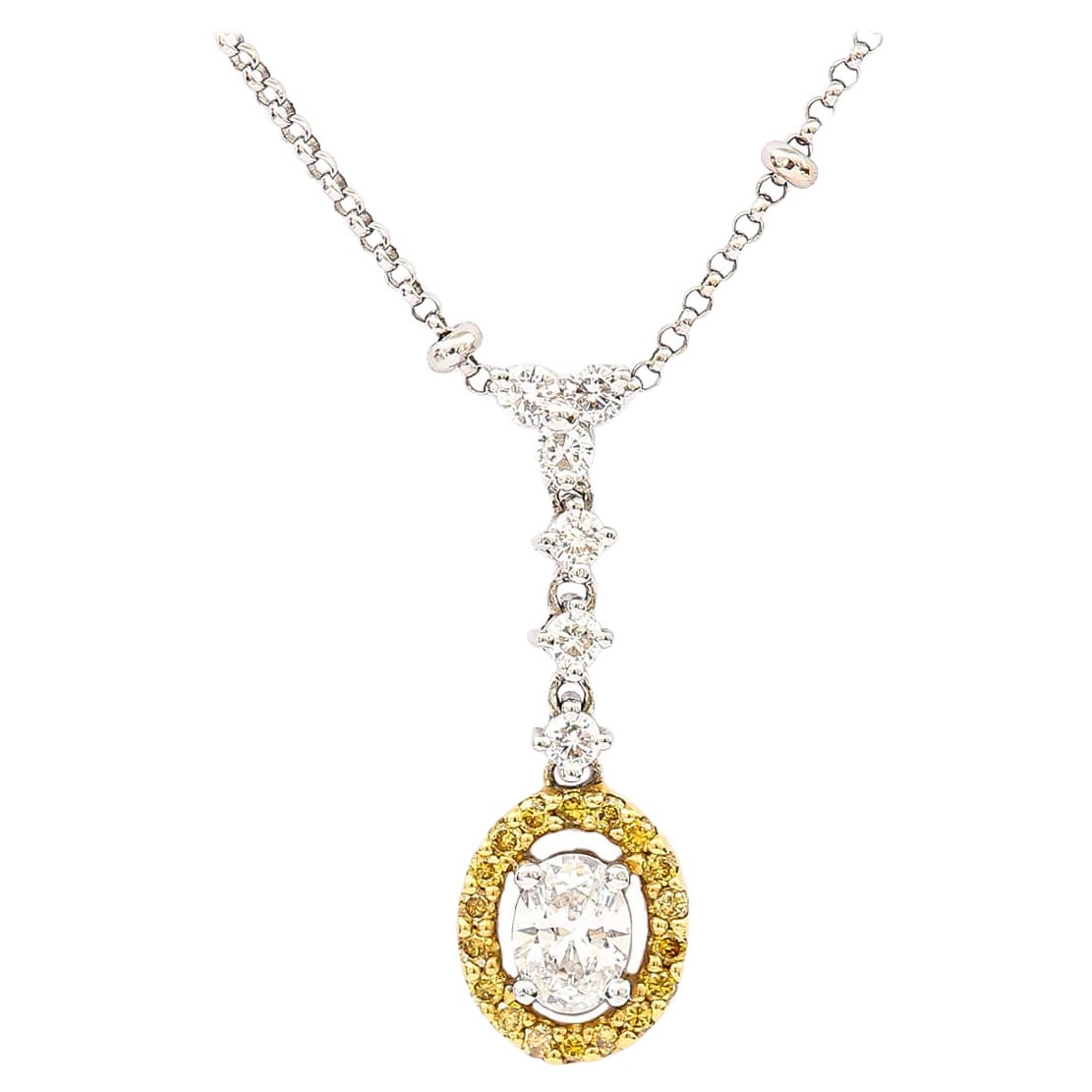 Contemporary 18ct Gold White and Yellow Diamond Halo Pendant Necklace For Sale