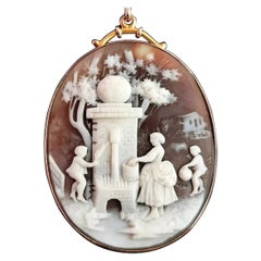 Antique 9 Karat Yellow Gold Cameo Pendant, Garden Scene 