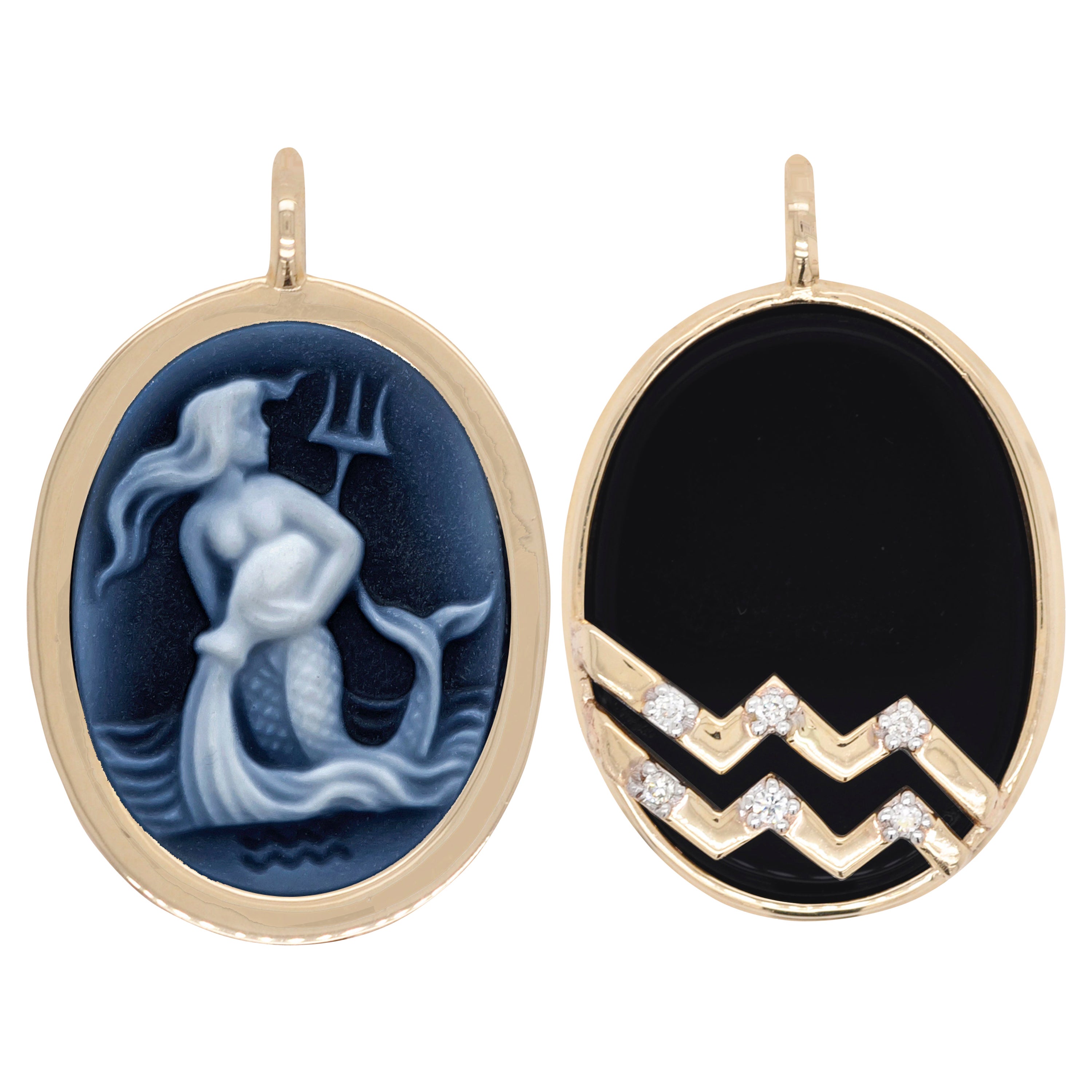 Reversible Aquarius Carving Cameo Zodiac Diamond 14 Karat Gold Pendant Necklace