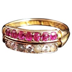 Antique Victorian Ruby, Diamond and Pearl Double Row Ring, 15ct Yellow Gold