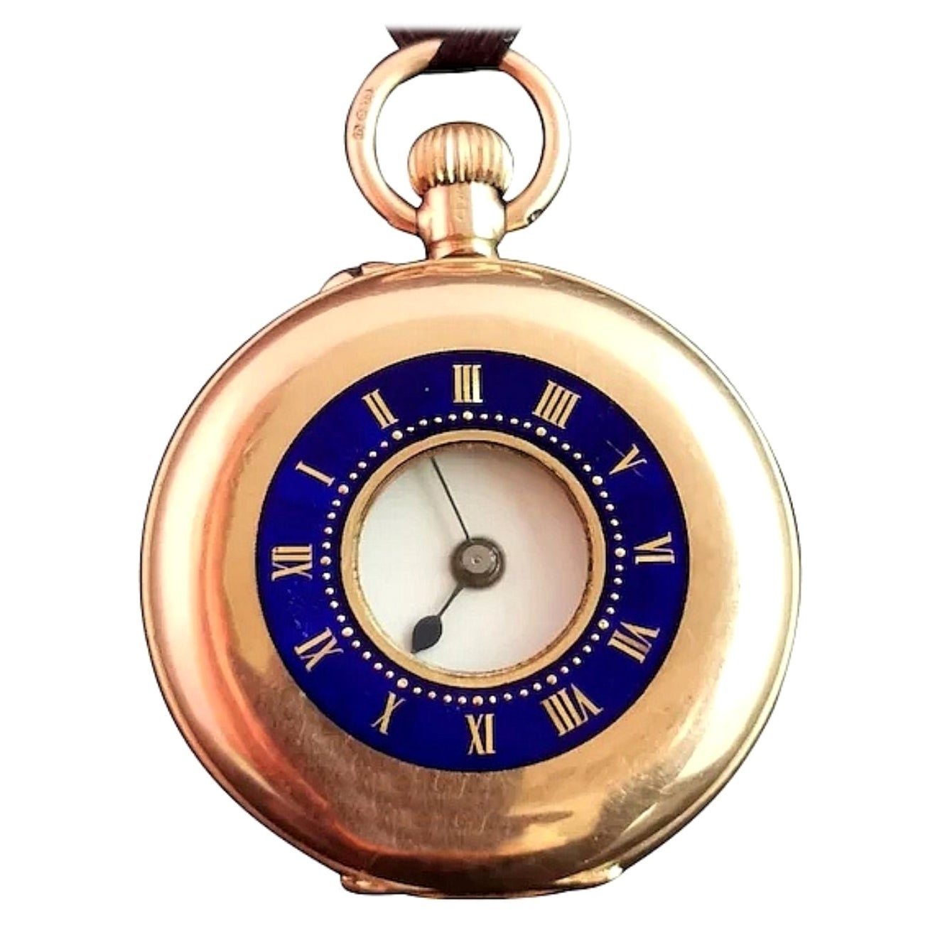 Antique 9 Karat Yellow Gold Half Hunter Pocket Watch, Blue Enamel, 1910s