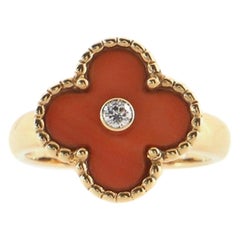 Van Cleef & Arpels Vintage Alhambra Ring 18K Yellow Gold with Coral and Diamond