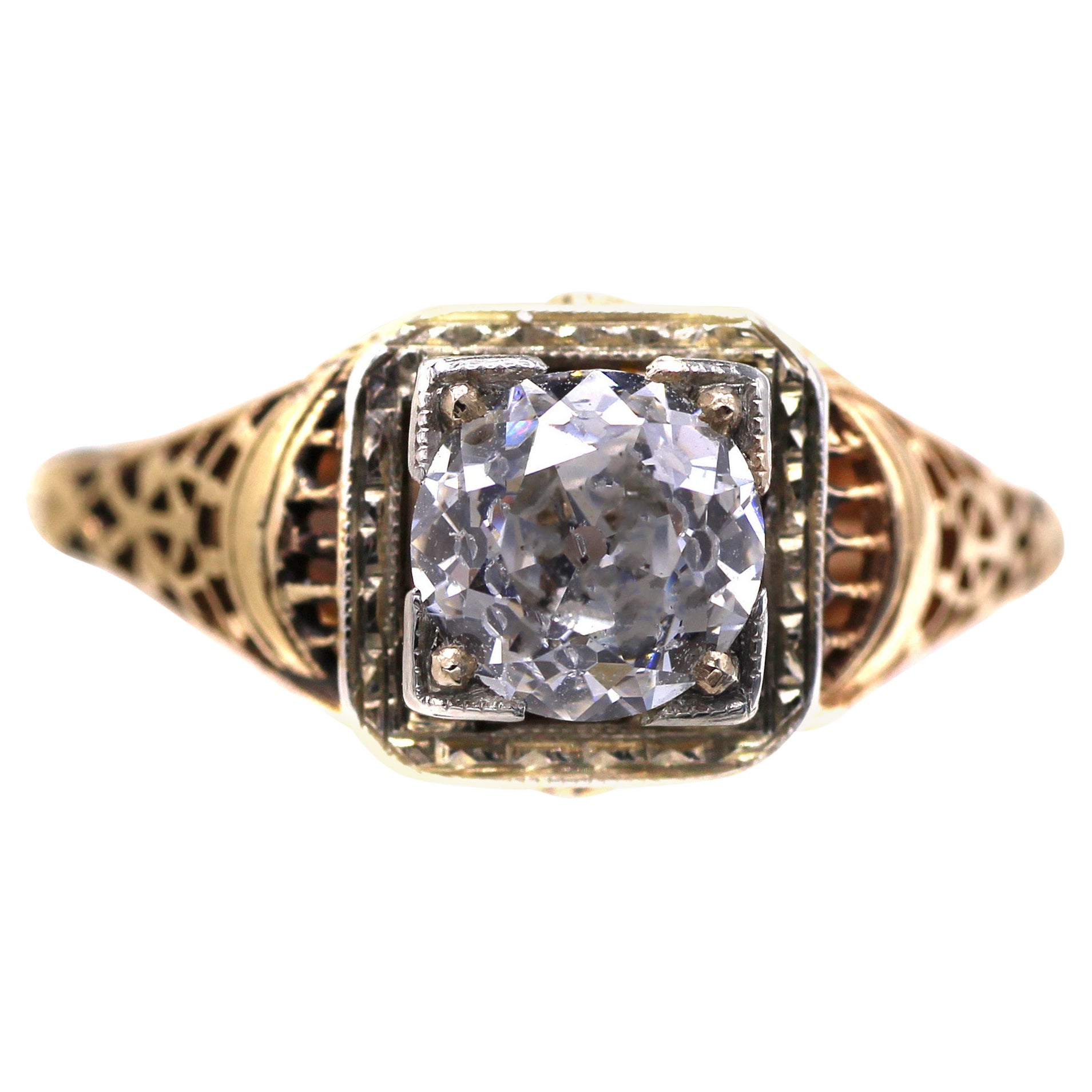 Art Deco Antique Cushion Diamond Gold Engagement Ring For Sale