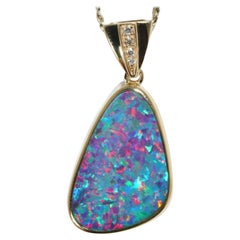 Australian Opal Diamond Necklace 14 Karat Yellow Gold
