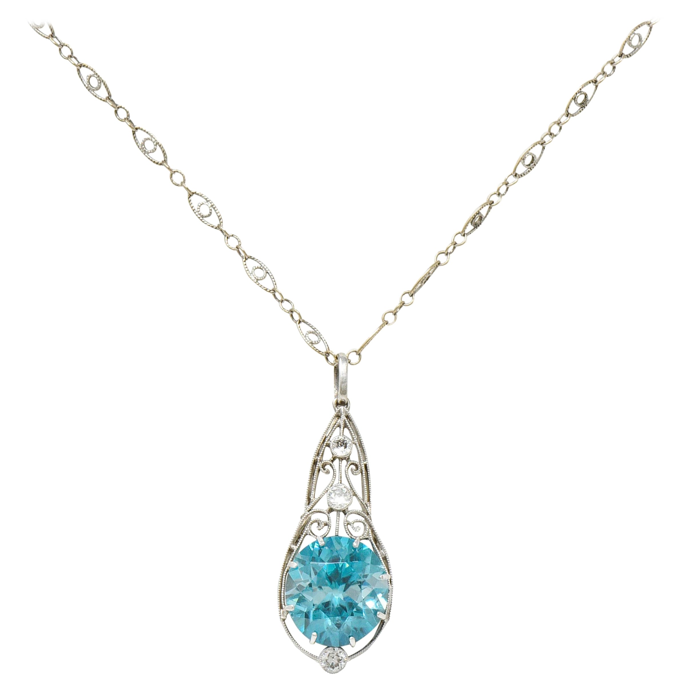 Art Deco Blue Zircon Diamond Platinum Scrolled Pendant Necklace