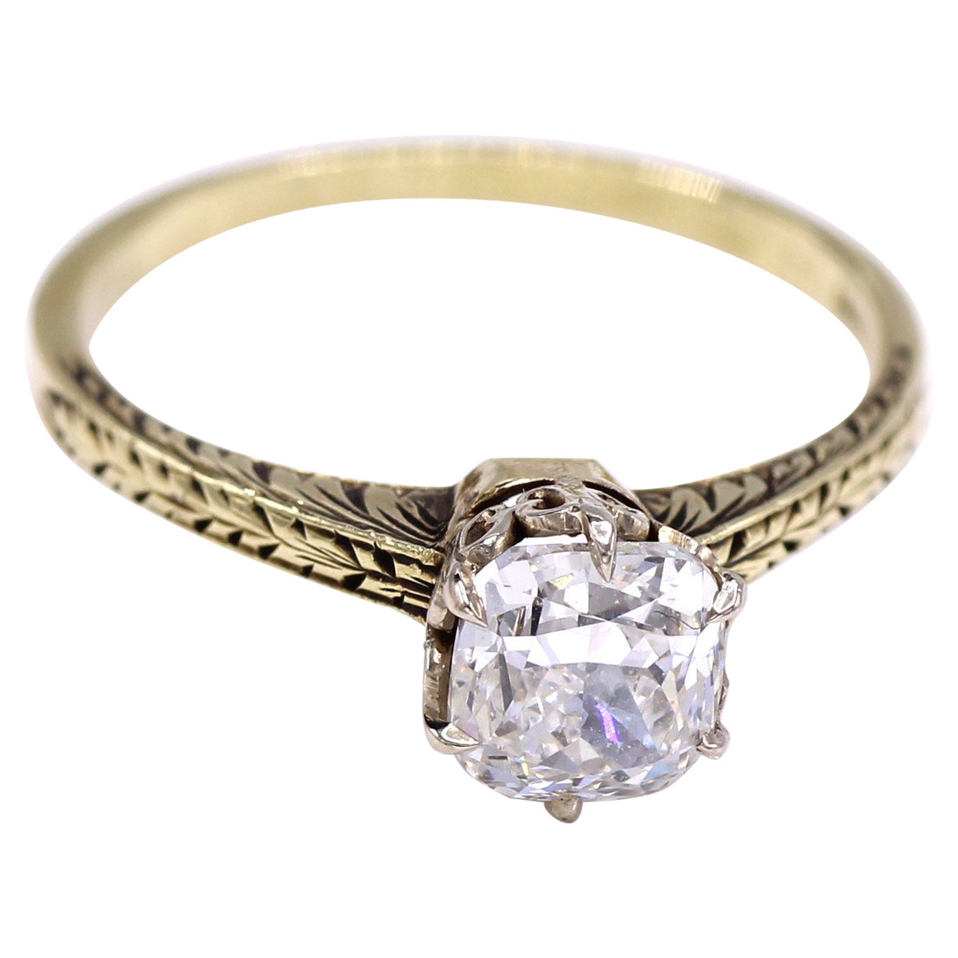 Art Deco 1.10 Carat Cushion GIA Certified Diamond Gold Ring For Sale