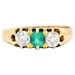 Antique Victorian Emerald Diamond 18 Karat Gold Three Stone Ring Circa 1880's