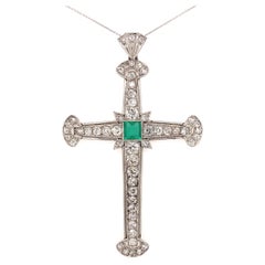 Muzo Emerald and Diamond Platinum Cross Pendant Necklace Estate Fine Jewelry