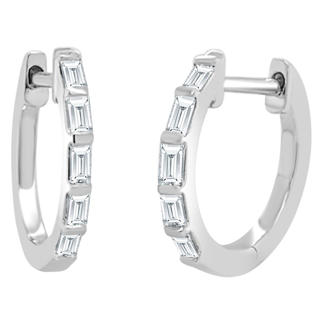 14k White Gold Baguette Diamond Huggie Hoop Earrings 1/4 Cttw. For Sale