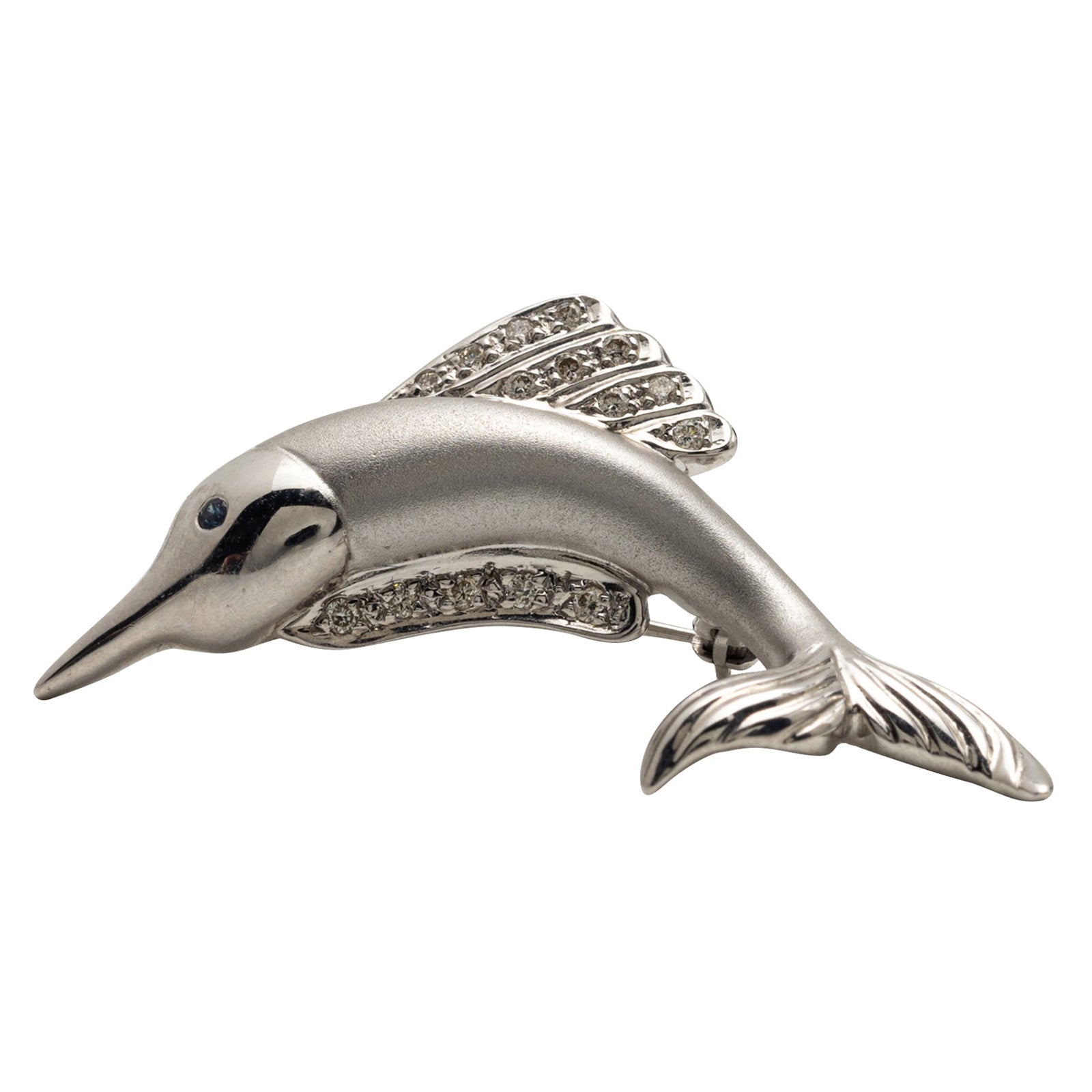 White Gold and Diamond Fish Brooch For Sale