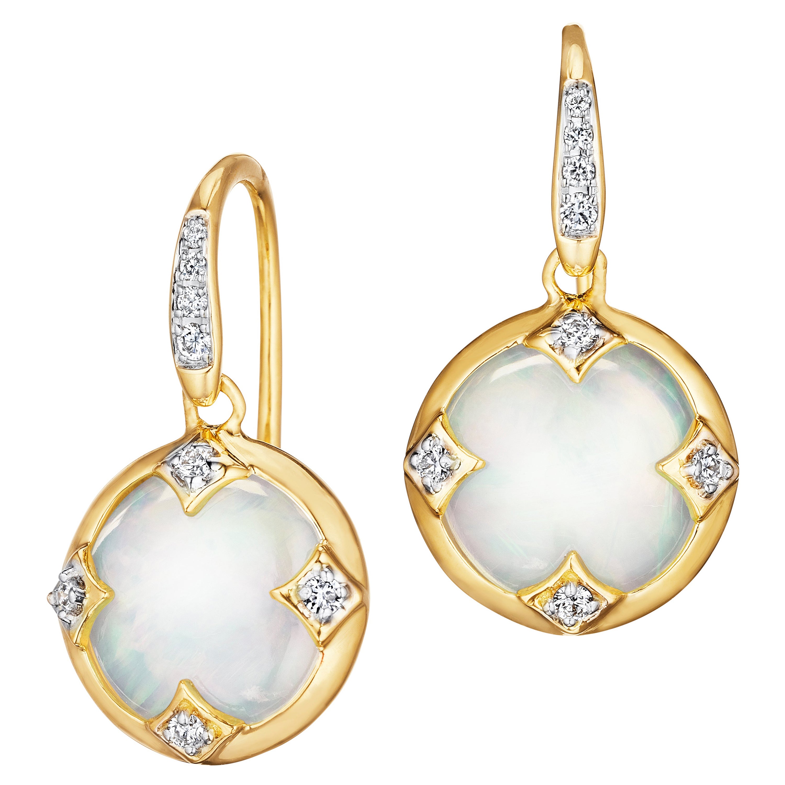 Syna Yellow Gold Mother of Pearl Chakra Earrings with Diamonds For Sale