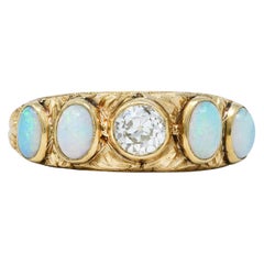 Antique Victorian Opal Diamond 14 Karat Gold Foliate Band Ring
