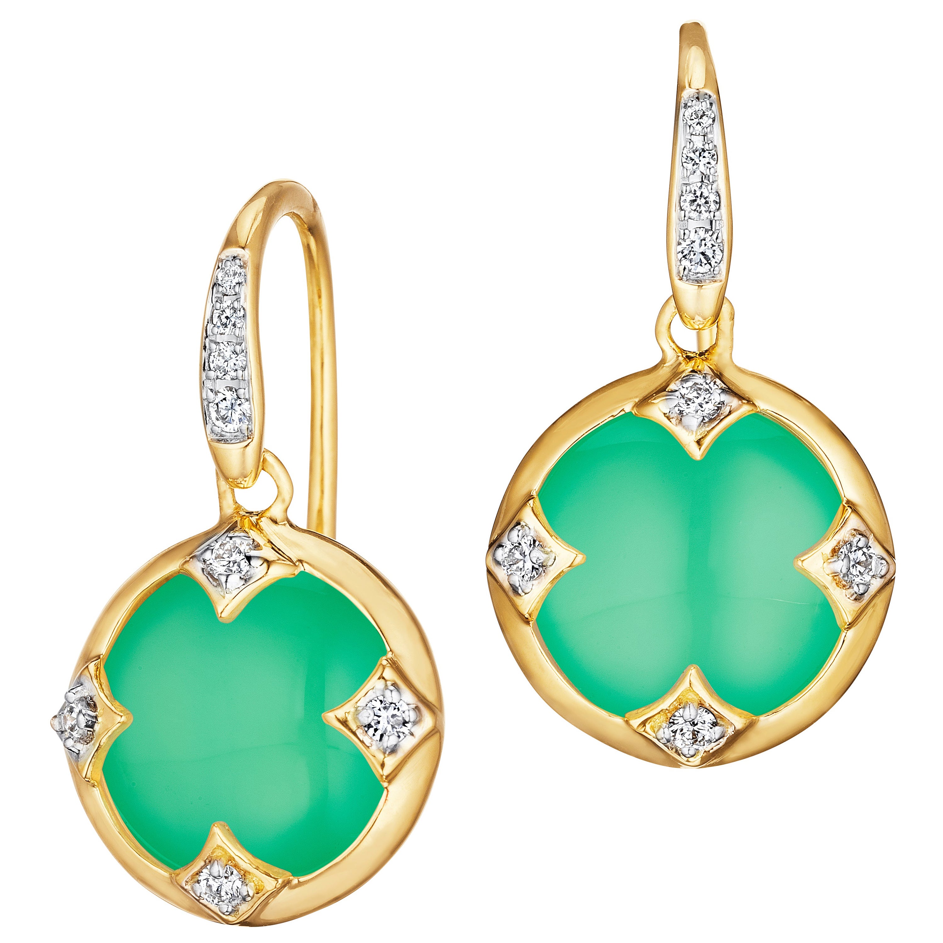 Syna Yellow Gold Chrysoprase Chakra Earrings with Diamonds For Sale