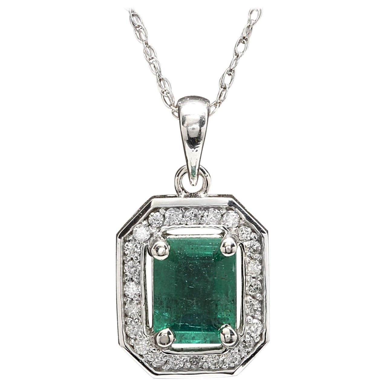 1.95ct Natural Emerald and Diamond 14k Solid White Gold Necklace For Sale