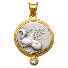 Ancient Greek 4th Century BC Griffin Coin 18K Diamond Pendant