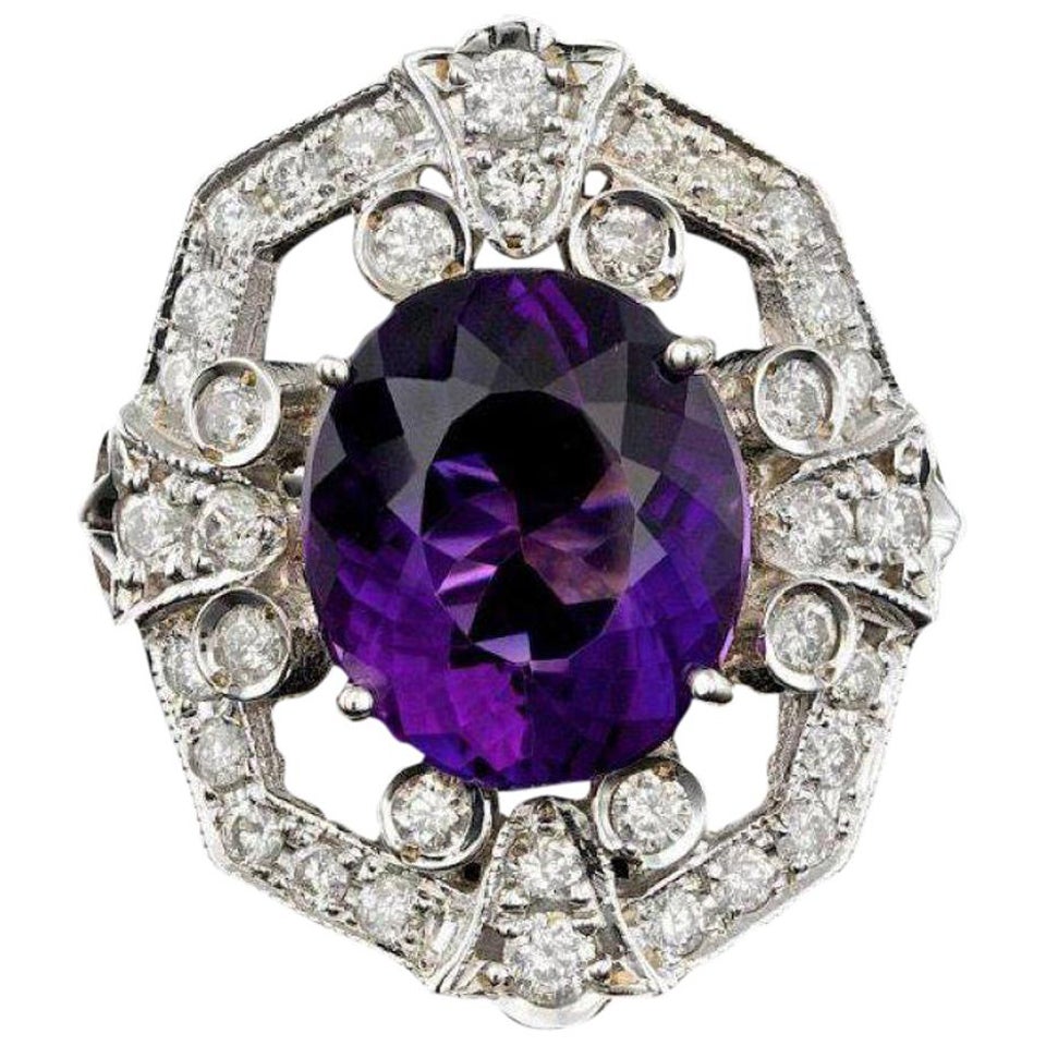 8.60 Carats Natural Amethyst and Diamond 14K Solid White Gold Ring