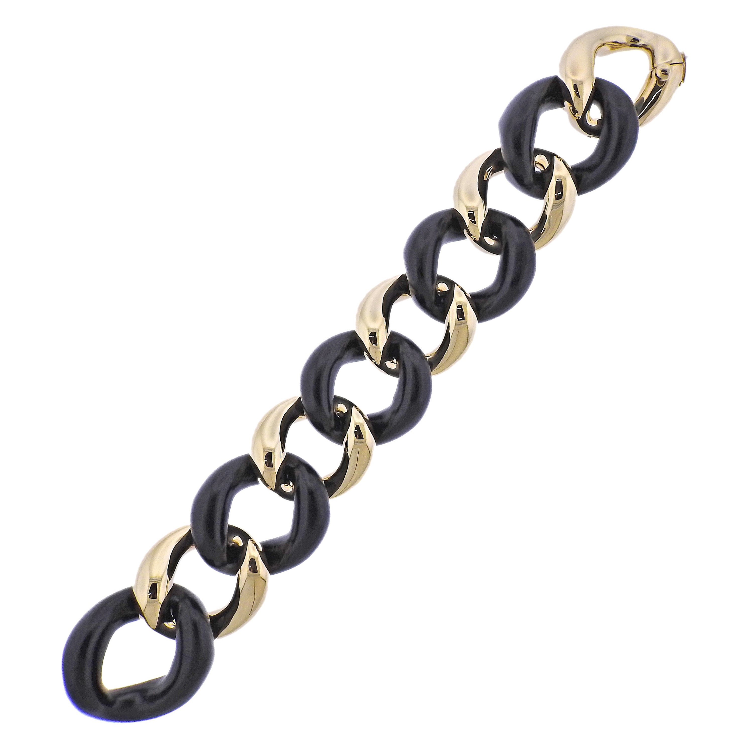 Seaman Schepps Gold Ebony Wood Link Bracelet For Sale