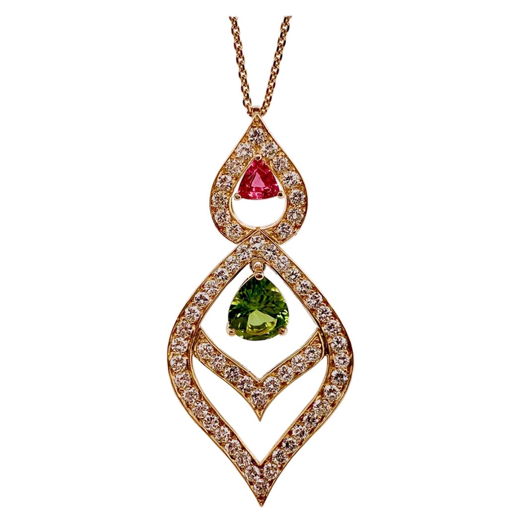 Peridot, Pink Tourmaline and Diamond Lantern Style Necklace For Sale
