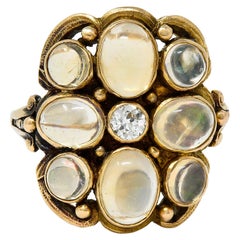 1900 Art Nouveau Diamond Jelly Opal 14 Karat Gold Cluster Ring