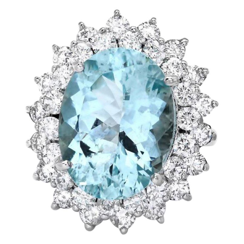 9.80 Carats Natural Aquamarine and Diamond 14K Solid White Gold Ring For Sale