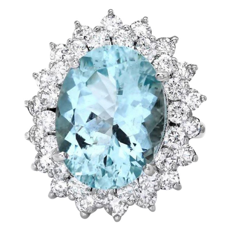 9.80 Carats Natural Aquamarine and Diamond 14K Solid White Gold Ring