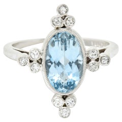 1960's Vintage 2.05 Carats Aquamarine Diamond Platinum Cluster Ring